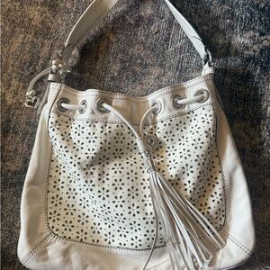 Brighton White Hobo Bag with Perforated Design and Tassel